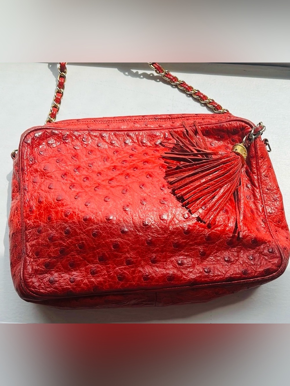 Vintage Chanel Red Ostrich leather gold  Chain crossbody Bag 24k plated